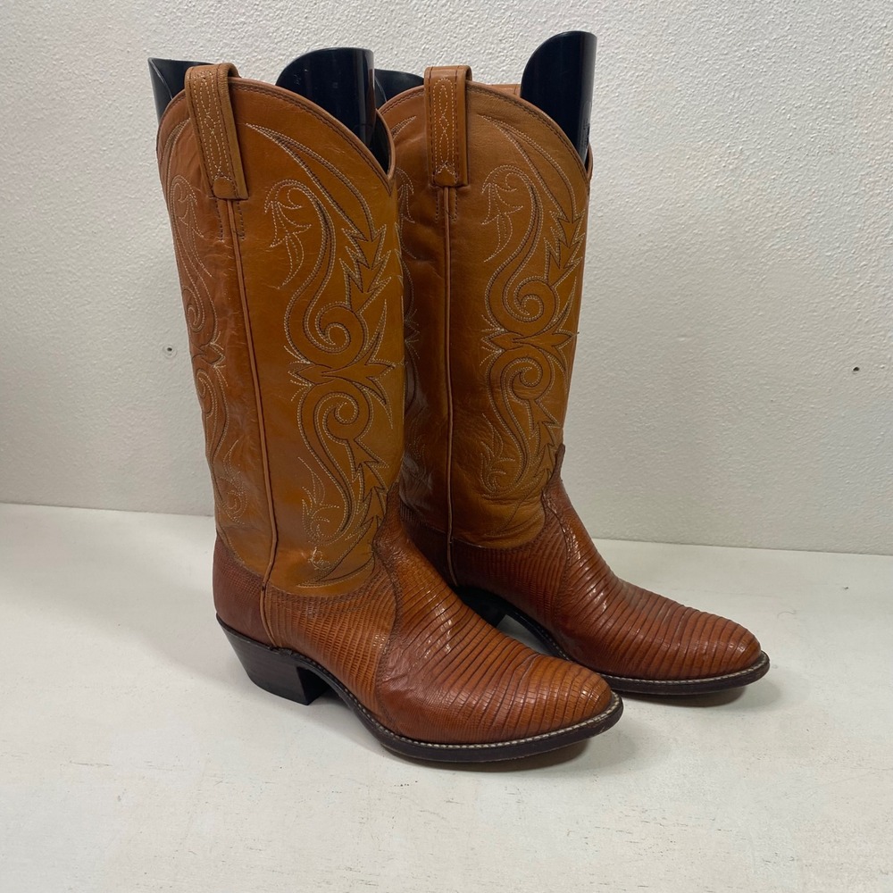 Dan Post Lizard Skin Cowboy Boots 4213 Mens 7 M Cognac Brown Made in USA